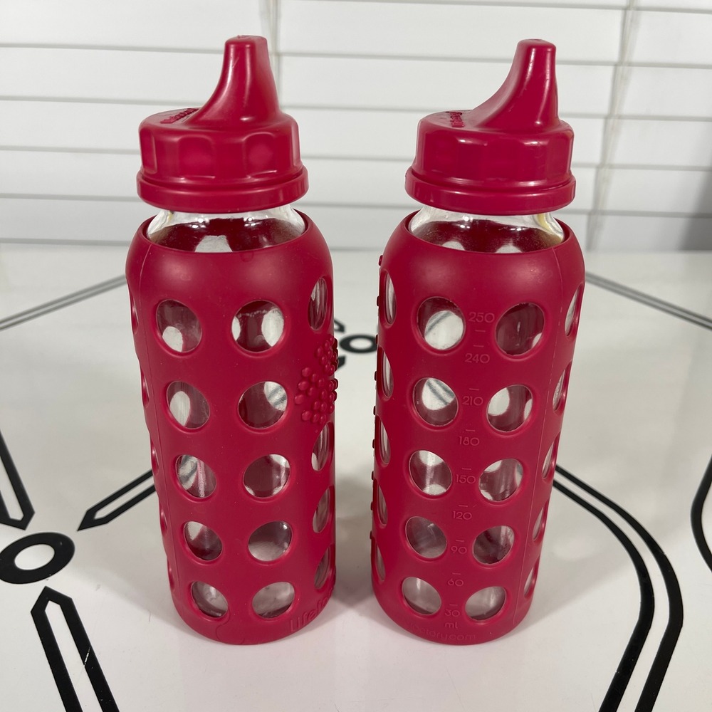 Lifefactory 8-9oz Pink Glass Baby Bottle Sippy‎ Cup Silicone Sleeve Set of 2